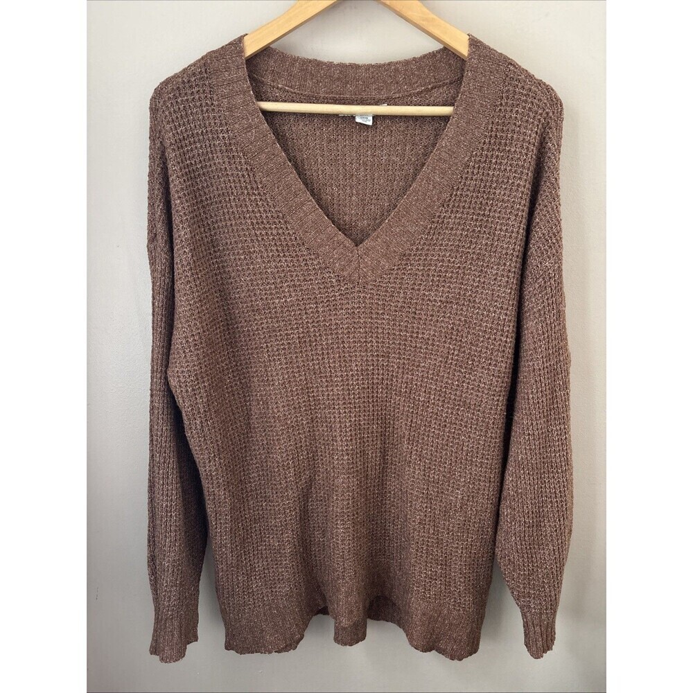 American Eagle Women’s Small Brown Waffle Knit Sweater V-Neck Balloon Sleeve